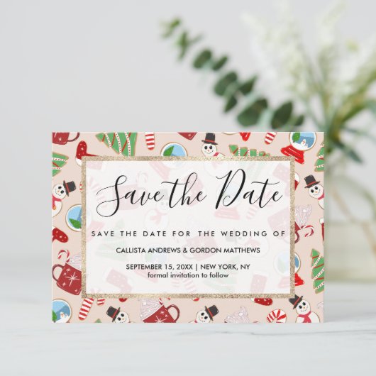 Weihnachts-Illustrationsmuster Save The Date (Stehend Vorderseite)