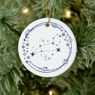 Weihnachts-Individuelle Name Leo Zodiac Sign Blue Keramik Ornament
