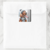 Weihnachts Irish Setter Hund lecken ein gefrorenes Quadratischer Aufkleber (Tasche)