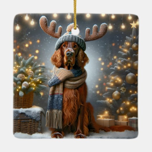 Weihnachts-Irish Setter mit Rentier Antlers Keramikornament (Rückseite)