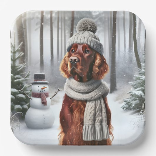 Weihnachts-Irish-Setter mit Schneemann Pappteller (Vorderseite)