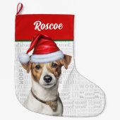 Weihnachts-Jack Russell mit dem Namen Woof Backgro Großer Weihnachtsstrumpf (Vorderseite)