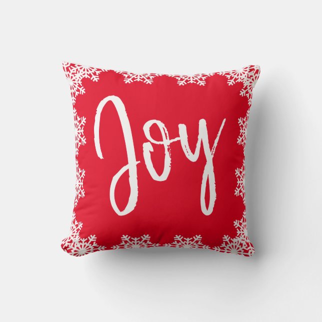 Weihnachts-Joy Familie Red White Script Snowflakes Kissen (Vorderseite)