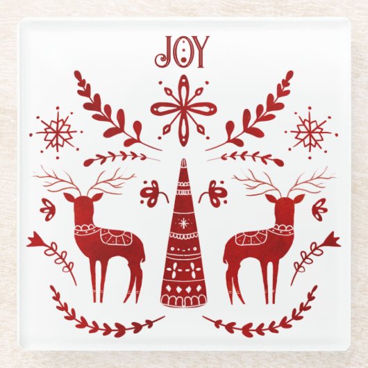 Weihnachts-Joy Red Scandinavian Folk Art Rentier Glasuntersetzer (Vorderseite)