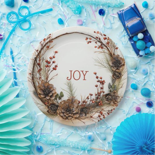Weihnachts Joy Twig Wreath Pine Cones Red Berries Pappteller (Party)