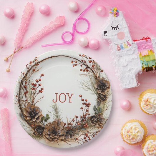 Weihnachts Joy Twig Wreath Pine Cones Red Berries Pappteller (Party)