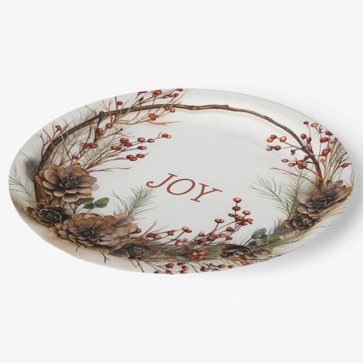 Weihnachts Joy Twig Wreath Pine Cones Red Berries Pappteller (Schrägansicht)