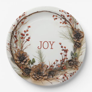 Weihnachts Joy Twig Wreath Pine Cones Red Berries Pappteller