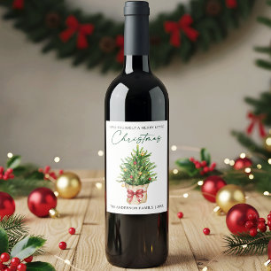 Weihnachts-Kalligrafie-Tinte-Wasserfarbe-Tanne-Rot Weinetikett