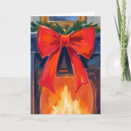 Weihnachts-Kamin | Rotes Band Fröhliches Wasserfar Feiertagskarte
