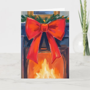 Weihnachts-Kamin Rotes Band Fröhliches Wasserfar Feiertagskarte