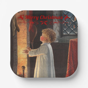 Weihnachts-Kamin, Strümpfe und ein Kind Pappteller