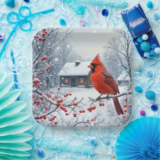 Weihnachts-Kardinal auf der Zweigstelle Berry Pappteller (Party)