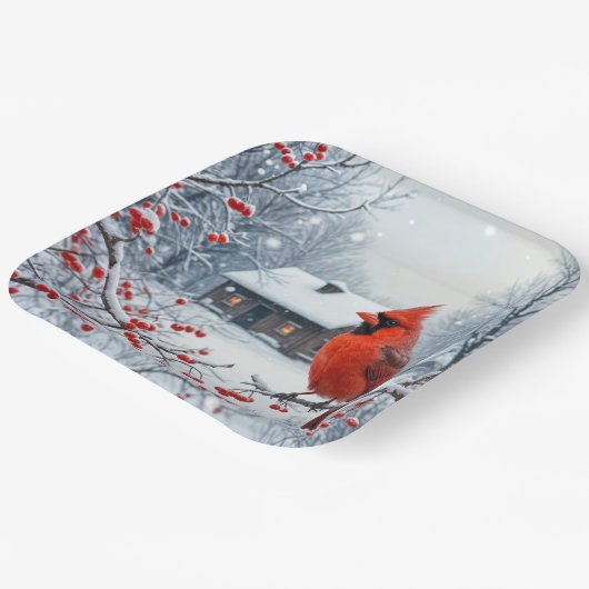 Weihnachts-Kardinal auf der Zweigstelle Berry Pappteller (Gewinkelt)