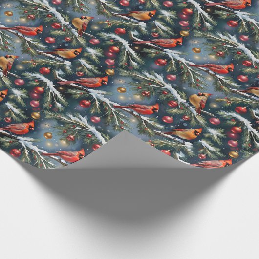 Weihnachts-Kardinal auf Schneebründen und Ornament Geschenkpapier (Ecke)