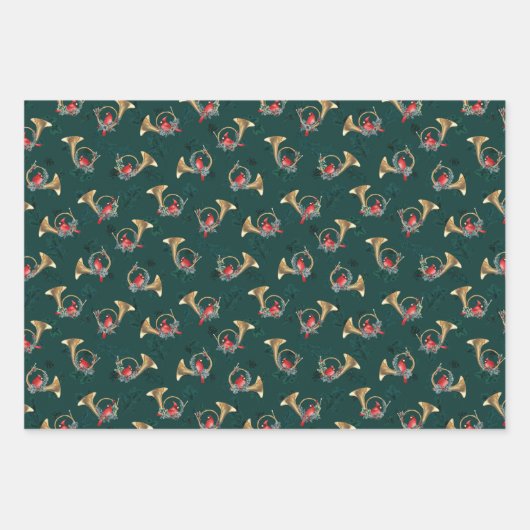 Weihnachts-Kardinal in goldenen Hörnern mit Kiefer Geschenkpapier Set (Vorderseite)