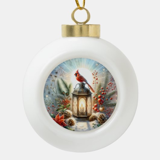 Weihnachts-Kardinal Lantern Keramik Kugel-Ornament (Vorderseite)