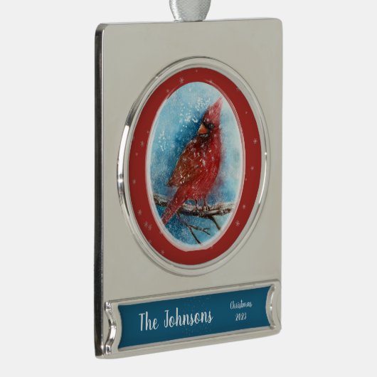 Weihnachts-Kardinal mit Name und Datum Banner-Ornament Silber (Rechts)