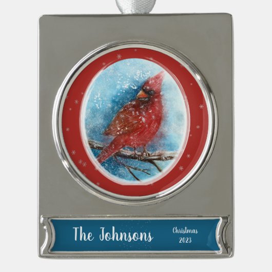Weihnachts-Kardinal mit Name und Datum Banner-Ornament Silber (Vorderseite)