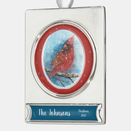 Weihnachts-Kardinal mit Name und Datum Banner-Ornament Silber (Links)