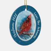 Weihnachts-Kardinal Schneeflocken auf Rot oder Bla Keramik Ornament (Rechts)
