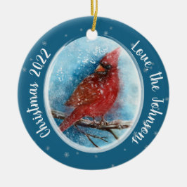 Weihnachts-Kardinal Schneeflocken auf Rot oder Bla Keramik Ornament