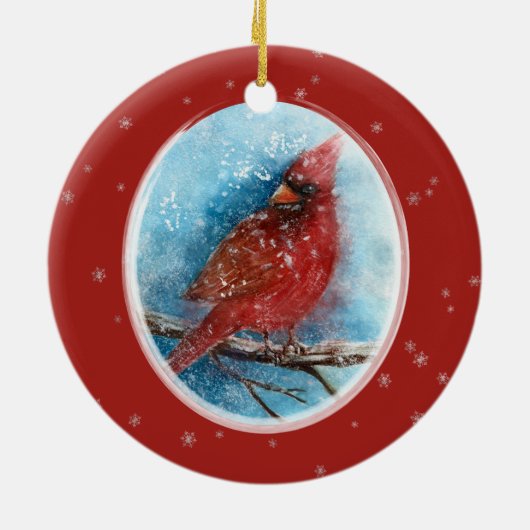 Weihnachts-Kardinal Schneeflocken auf Rot oder Bla Keramik Ornament (Hinten)