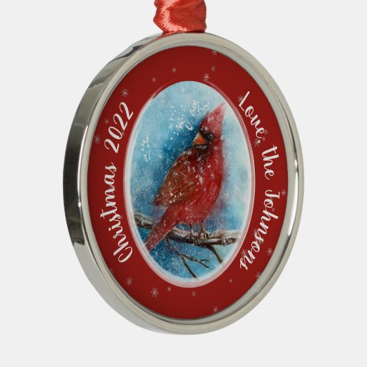 Weihnachts-Kardinal Schneeflocken auf Rot oder Bla Ornament Aus Metall (Rechts)