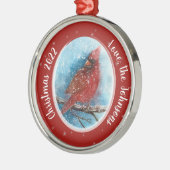 Weihnachts-Kardinal Schneeflocken auf Rot oder Bla Ornament Aus Metall (Links)