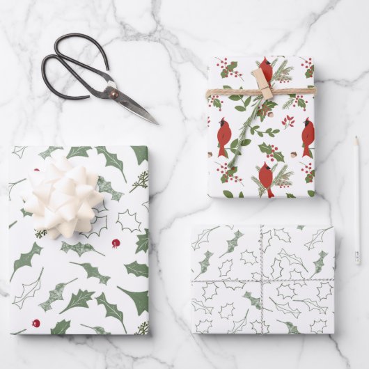 Weihnachts-Kardinäle und Holly Wrapping Paper Geschenkpapier Set (Vorderseite)