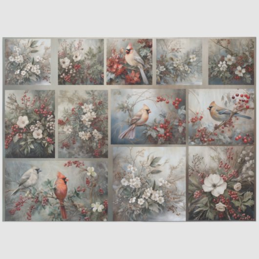 Weihnachts-Kardinäle & Winter Florals für Decoupag Seidenpapier (Vorderseite)