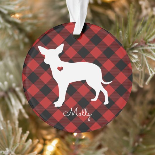 Weihnachts-Kariert-Chihuahua-Hund Name Foto Ornament (Baum)