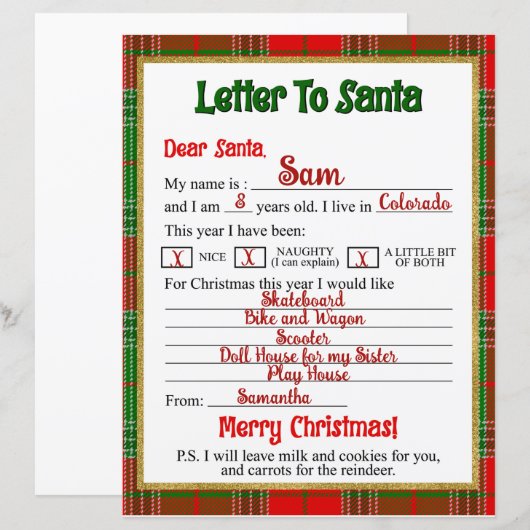 Weihnachts-Karierter Brief an den Weihnachtsmann (Vorne/Hinten)