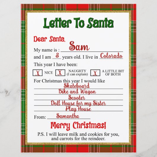 Weihnachts-Karierter Brief an den Weihnachtsmann (Vorderseite)
