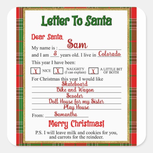 Weihnachts-Karierter Brief an den Weihnachtsmann Quadratischer Aufkleber (Vorderseite)