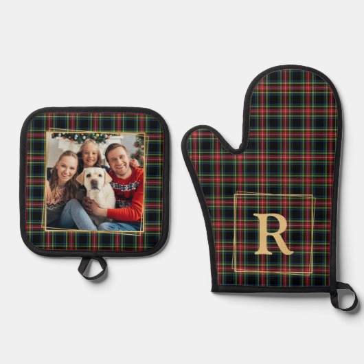Weihnachts Kariertes Monogram Gold Foto Ofenhandschuh & Topflappen-Set (Vorderseite)