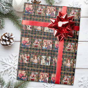 Weihnachts-Karo individuell Gold Familie 6 Foto-Co Geschenkpapier