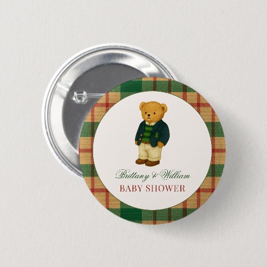 Weihnachts-Karo-Preppy-Bär-Baby-Party Button (Vorne & Hinten)
