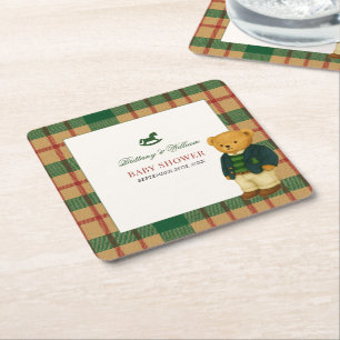 Weihnachts-Karo-preppy-Bär-Baby-Party  Rechteckiger Pappuntersetzer