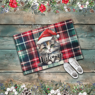 Weihnachts-Karo-Santa-Katze mit Text Fußmatte