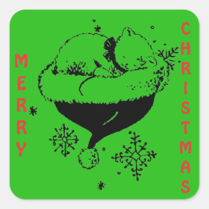 Weihnachts-Kätzchen schlafen in Santa's Hat BW Des Quadratischer Aufkleber