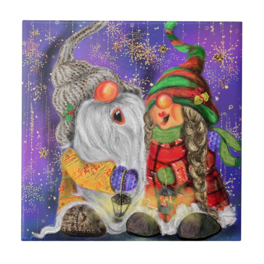 Weihnachts Keramik Tile Geschenk Happy Gnomes sing Fliese (Vorderseite)