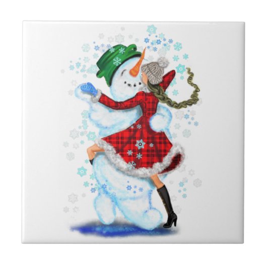 Weihnachts Keramik Tile mit Snowman und Girl Dance Fliese (Vorderseite)
