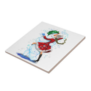 Weihnachts-Keramikfliese mit Schneemann und Mädche Fliese