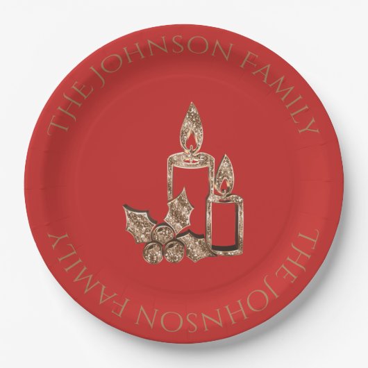 Weihnachts-Kerzen Holly Red und Gold Elegante Pappteller (Vorderseite)