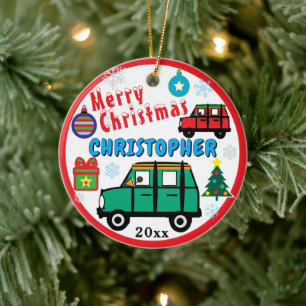Weihnachts-Kinder FOTO Name Grün Rot Autos Keramik Ornament