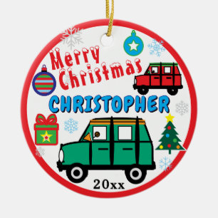 Weihnachts-Kinder FOTO Name Grün Rot Autos Keramik Ornament