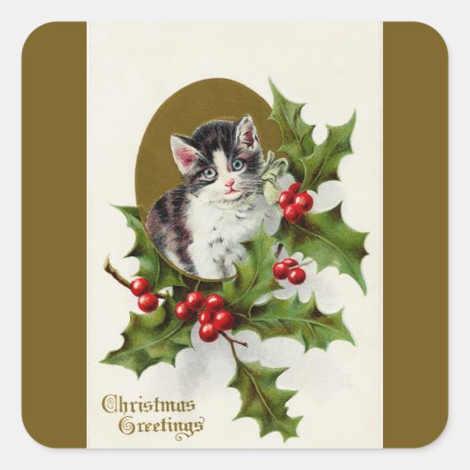 Weihnachts Kitten Gold Square Sticker (Vorderseite)