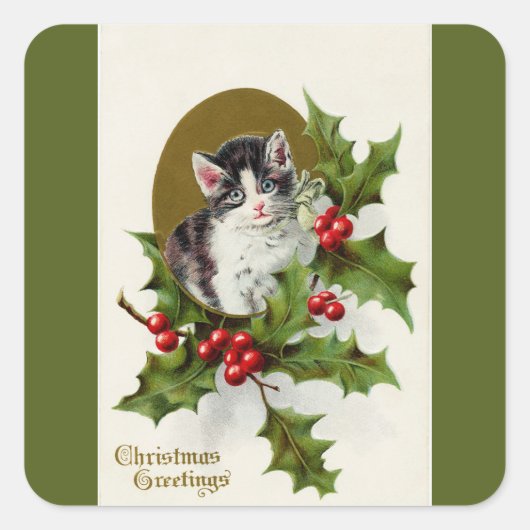 Weihnachts-Kitten Green Square Sticker (Vorderseite)