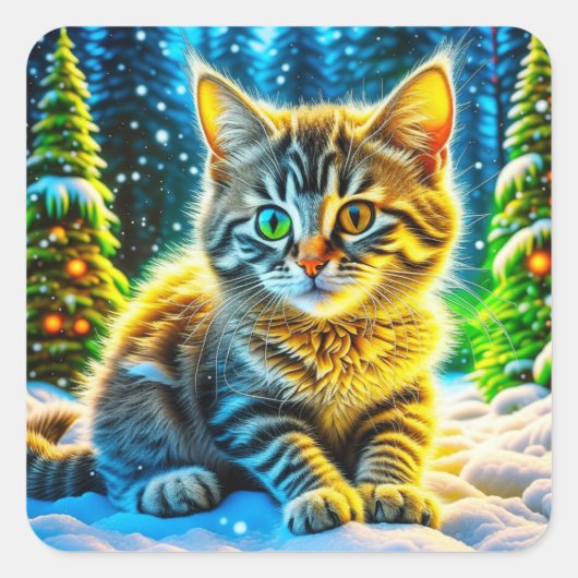 Weihnachts-Kitten im Schnee Quadratischer Aufkleber (Vorderseite)